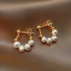 14K Gold Womens Natural White Pearl Huggie Hoop Earrings 14 K Silver Jewelry